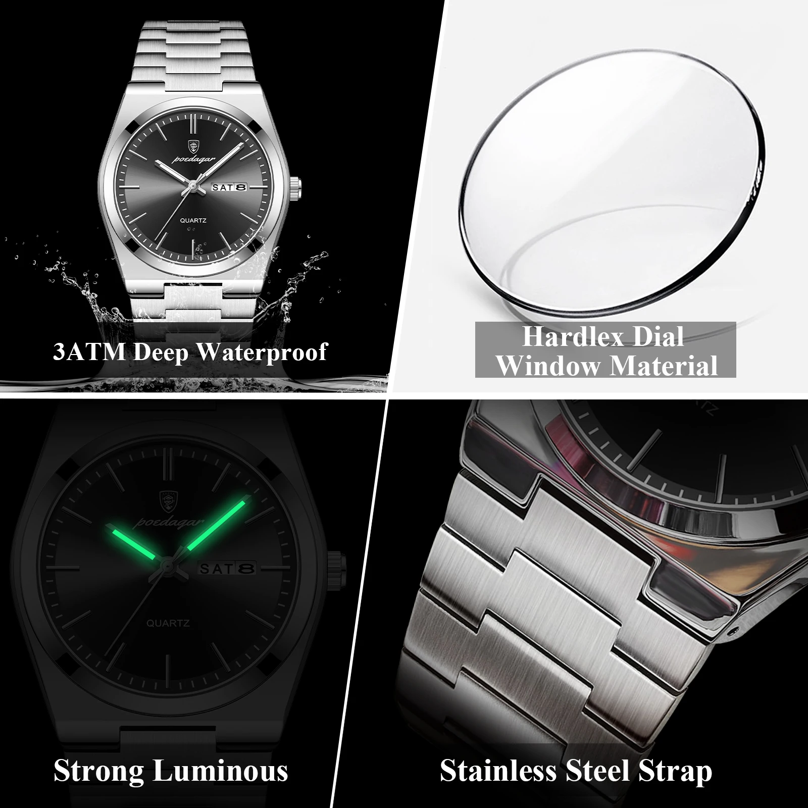 POEDAGAR, reloj de pulsera de cuarzo de lujo para hombre, resistente al agua, luminoso, con fecha, semana, reloj para hombre, relojes de moda de negocios de acero inoxidable para hombre