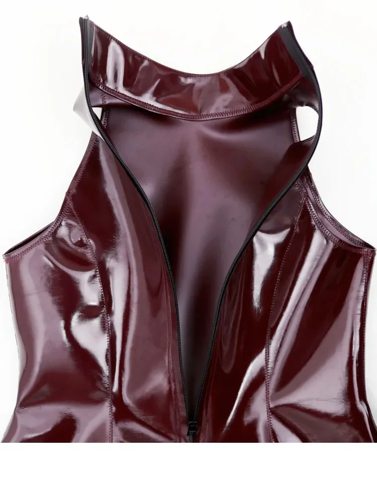 Vestido MINI de cuello alto para mujer Coaplsy, sin mangas, de PU de doble cara, con efecto mojado, de PVC, reversible, ajustado y ceñido a la cadera.