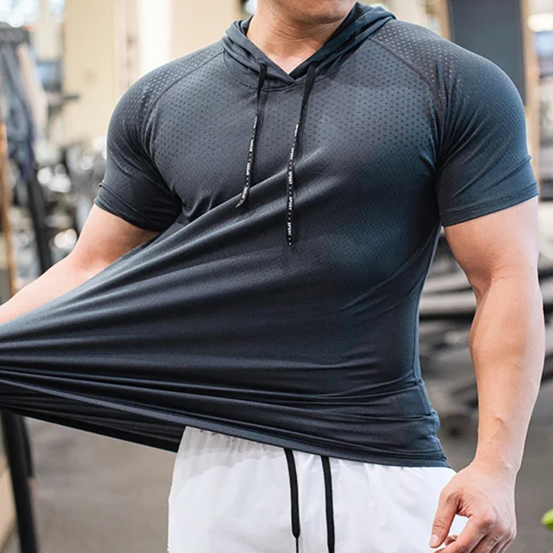 Sudaderas con capucha para correr para hombre, culturismo, deporte, manga corta, gimnasios, ropa de Fitness, camisa muscular, camiseta de entrenamiento de secado rápido