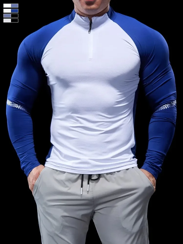 Medias de Otoño Invierno para hombre, ropa de Fitness, camisas POLO, ropa para correr con media cremallera, ropa deportiva elástica de secado rápido de manga larga fina
