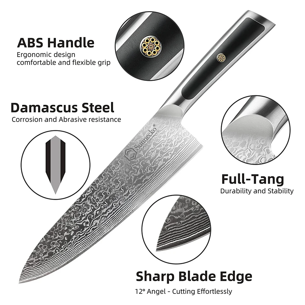 Sunnecko-cuchillo de Chef de Damasco, utensilio de cocina japonés de 8 pulgadas, Ultra afilado, de alto carbono, VG10, cortador de carne de acero, Gyuto