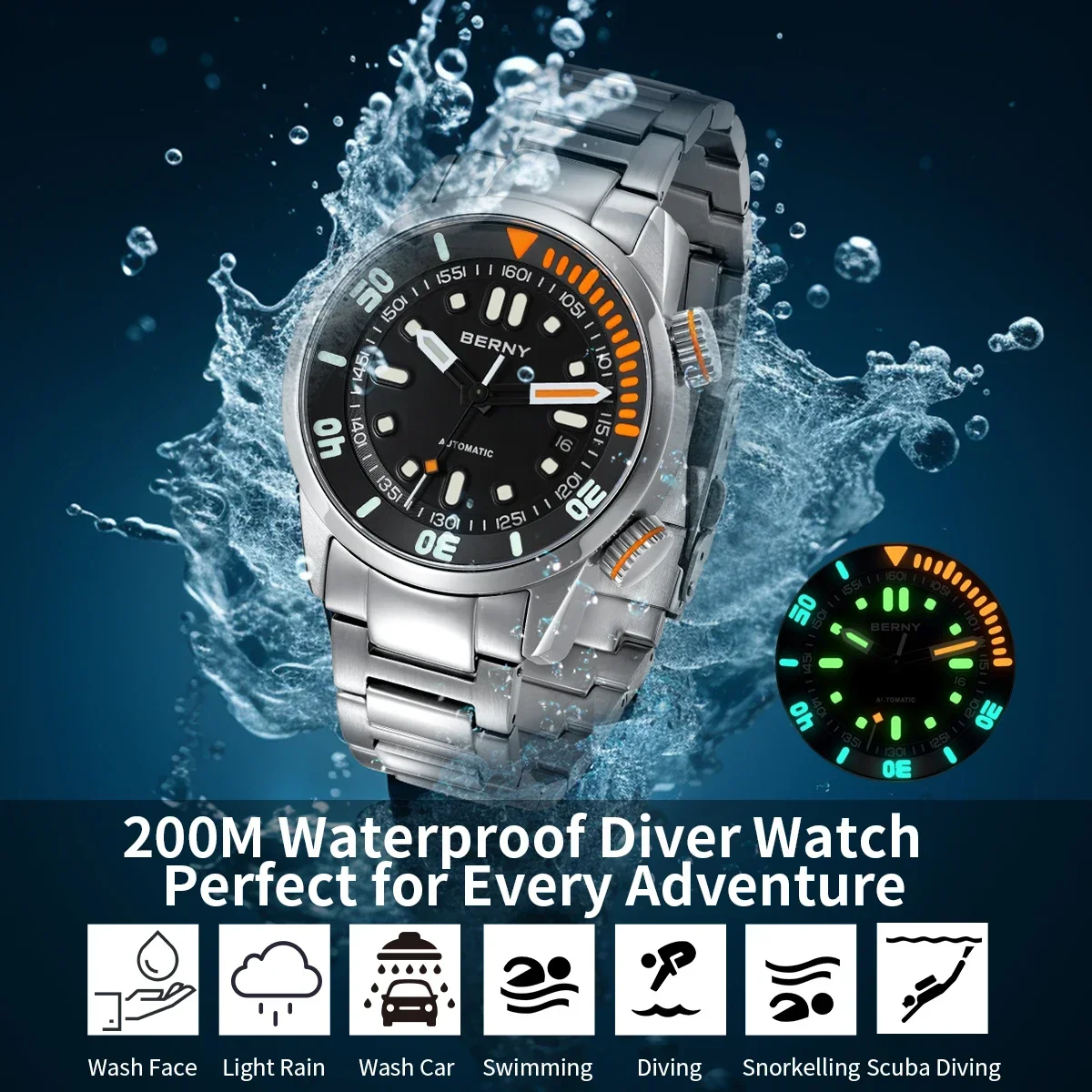 Reloj de buceo automático BERNY para hombre, reloj de pulsera superluminoso de 20 ATM, reloj mecánico deportivo de zafiro original para hombre