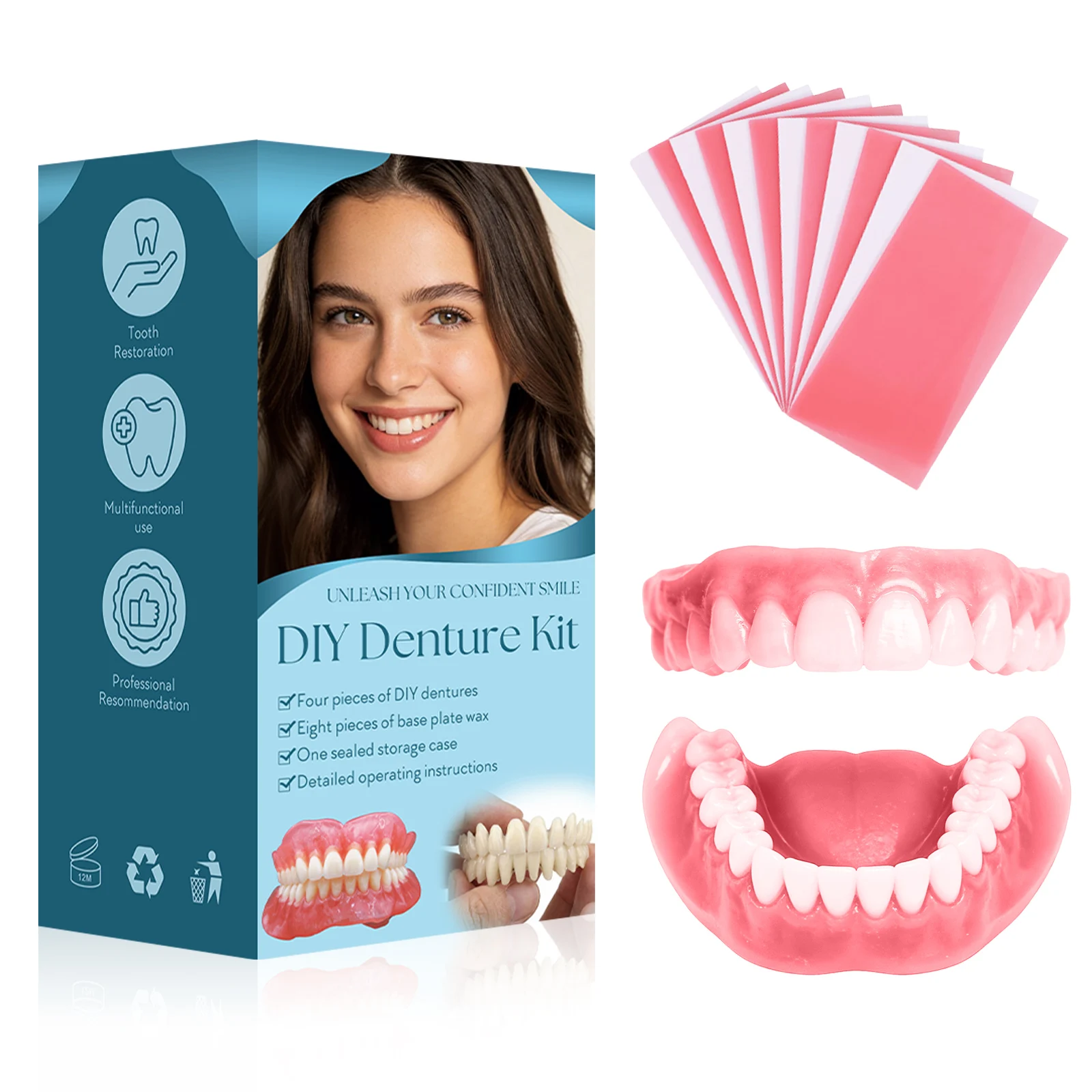 Kit de Dentadura Postiza Temporal DIY con Dientes Superiores e Inferiores, Tiras de Cera y Modelos de Yeso, Herramienta Reutilizable para Restauración y Reparación Dental