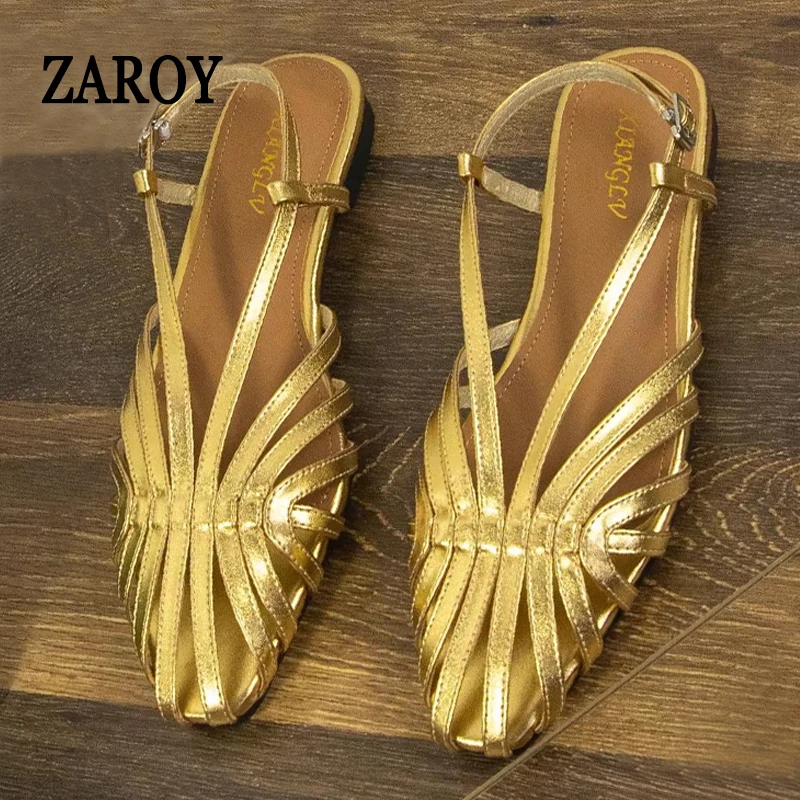 Sandalias Planas de Banda Estrecha ZAROY para Mujer, Talla Grande, Marca de Diseñador, Zapatos de Banquete y Boda, Sandalias Gladiador de Playa Huecas de Verano