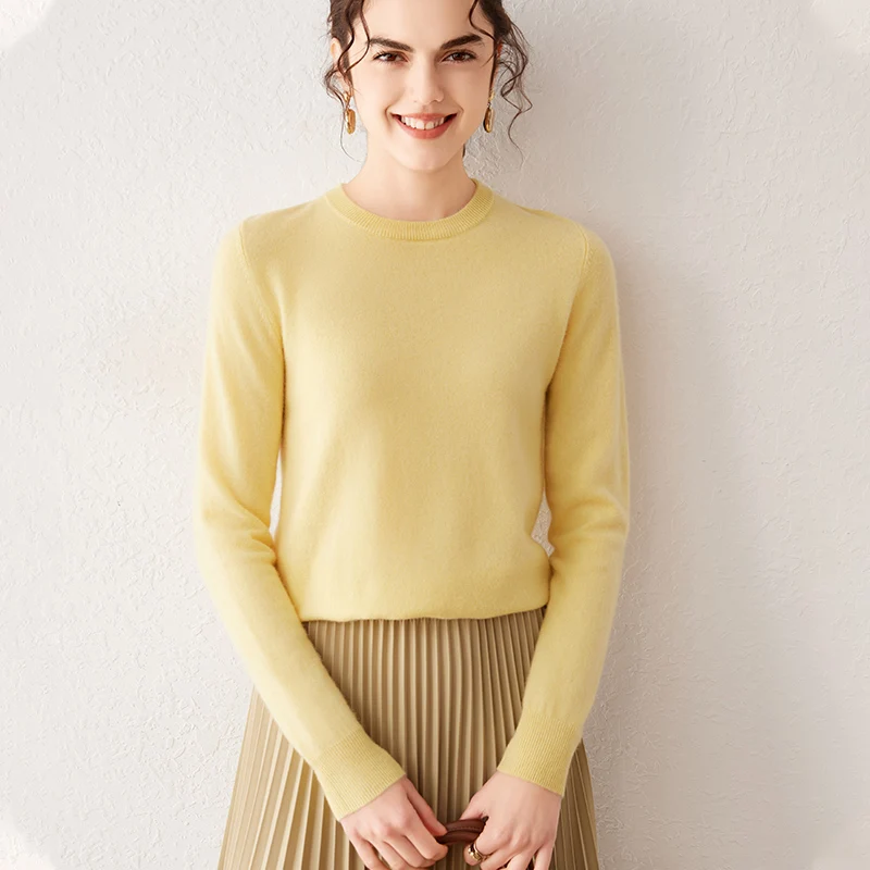 Suéter de Cachemira 100% Pura para Mujer, Otoño-Invierno 2026, Cuello Redondo, Manga Larga, Cálido, Suave, Tejido, Nuevo, Ropa de Mujer
