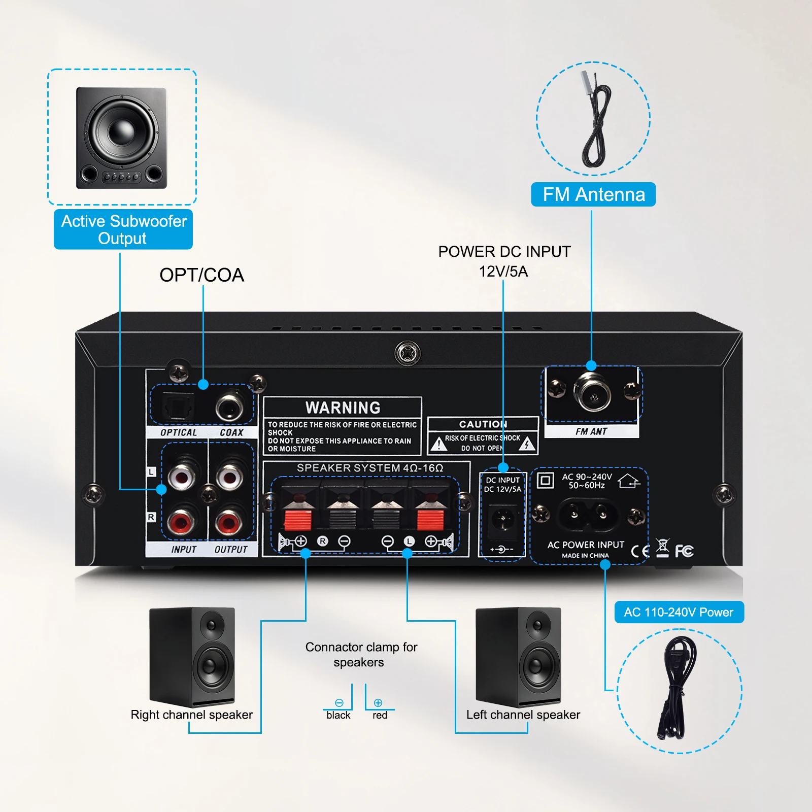 Amplificador Digital Woopker AK35/AK45 Pro/AK55, Amplificador de Sonido Bluetooth de 2 Canales HIFi FM USB para Casa, Auto y Karaoke