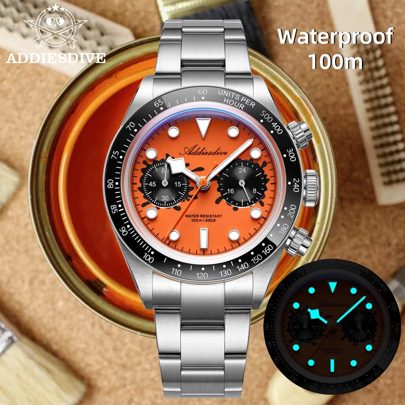 ADDIESDIVE 2026 Nuevo Reloj Cronógrafo de Lujo para Hombre VK64, Resistente al Agua 100m, Bisel de Cerámica, Luminoso BGW9, Reloj de Cuarzo de Acero 316L AD2520