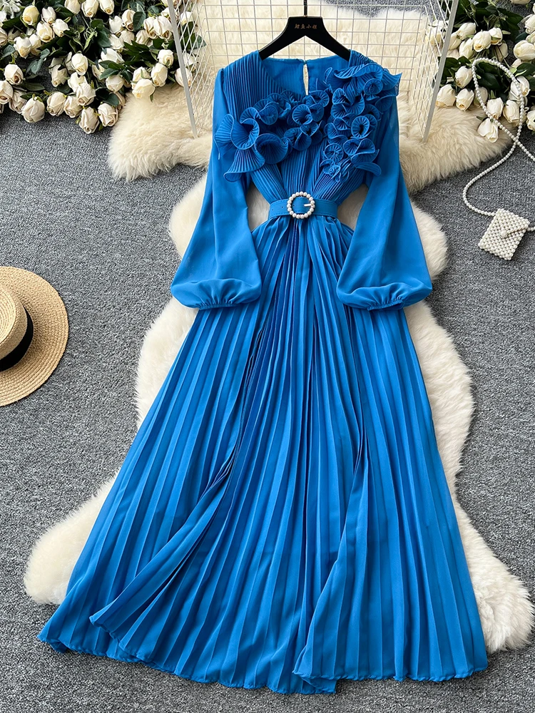 2026 primavera otoño moda elegante vestido para mujeres nuevo francés seta borde prensado suelto gasa manga larga vestido largo C141