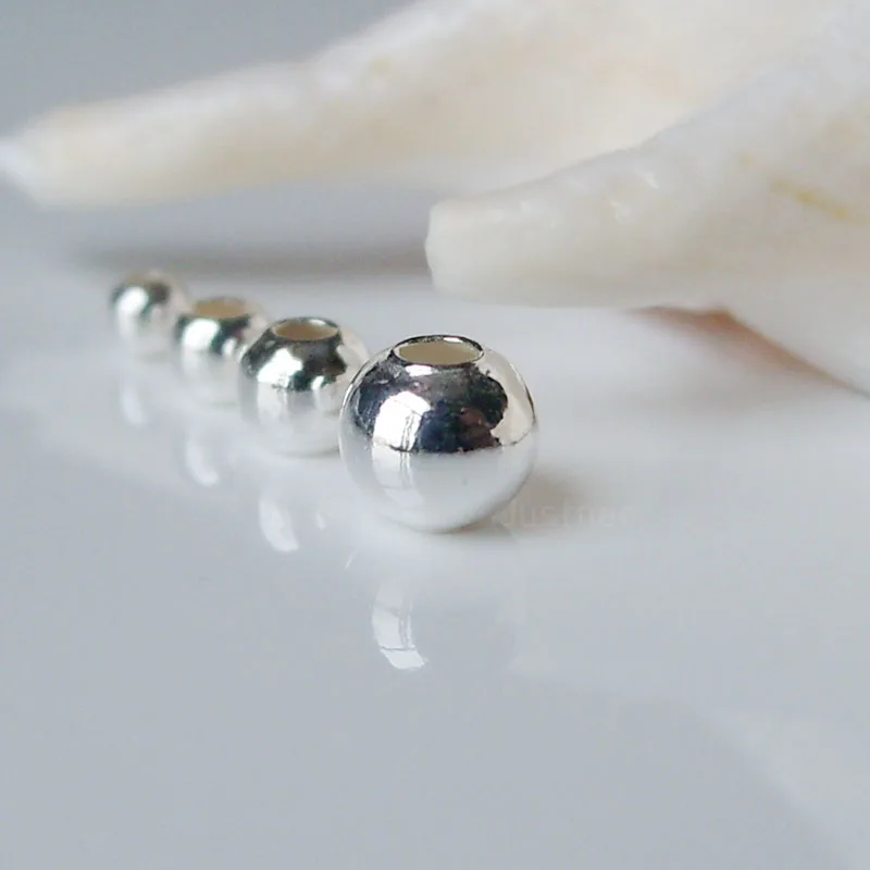 Cuentas de plata sólida 925, espaciador redondo sin costuras, bola suelta, accesorios de joyería DIY