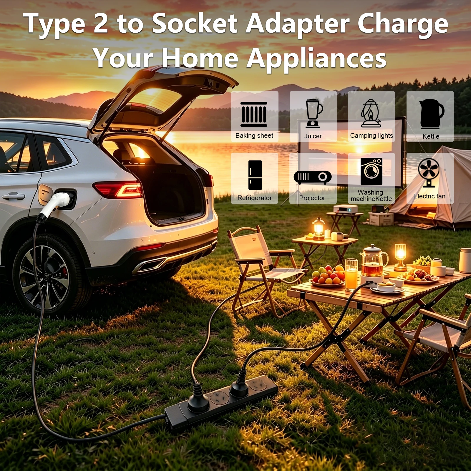 Adaptador de descarga V2L tipo 2 de 2400W para vehículos eléctricos, cable de carga con enchufe AU, accesorio de salida de energía de emergencia para camping al aire libre