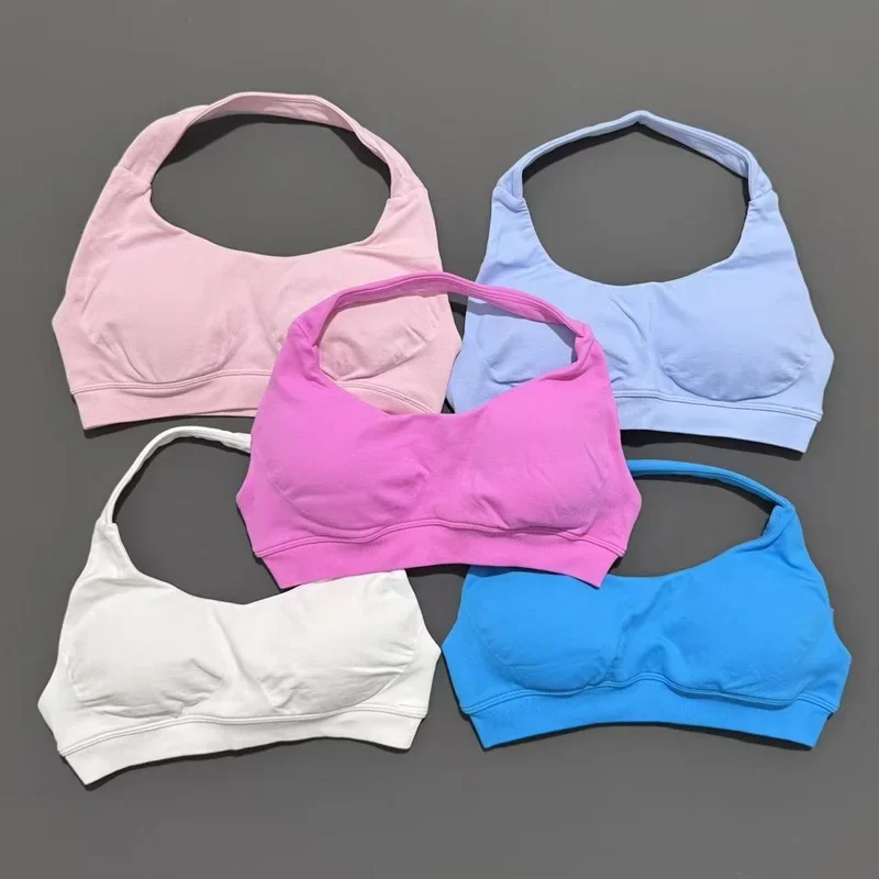Sujetador deportivo sin costuras para mujer, ropa de Yoga con cuello Halter, copas extraíbles, ropa de entrenamiento para mujer, sujetador sin espalda para gimnasio, Tops de entrenamiento para correr