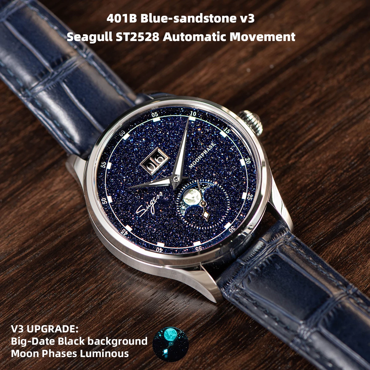 Reloj Sugess Moonphase para hombre, relojes de pulsera mecánicos automáticos de 40mm, movimiento de origen ST2528, esferas de arenisca azul de acero inoxidable