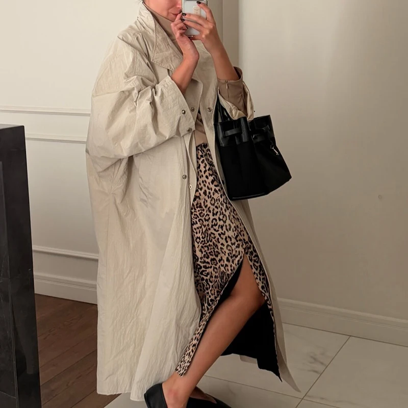 Gabardina Maxi Oversize con Cuello Convertible para Mujer, Botones a Presión, Manga Dolman, Bolsillos de Parche, Ropa Exterior, Nueva Chaqueta de Gabardina para Dama