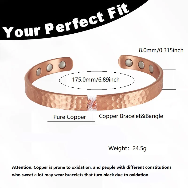 Pulseras Vintage de cobre puro 99.9% para mujeres y hombres, brazaletes de Color rosa, dijes, imanes de Gauss de energía saludable
