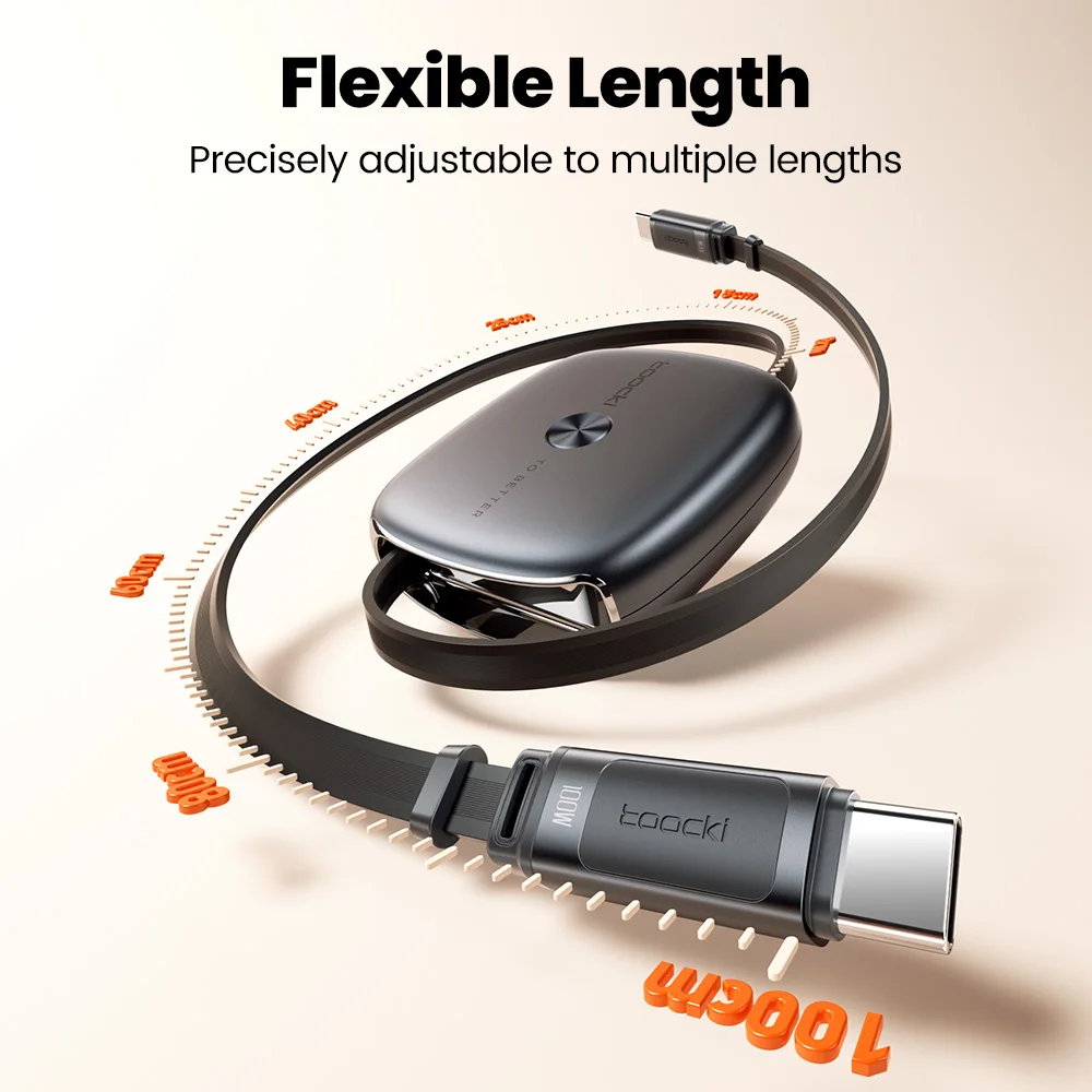 Cable Retráctil Tipo C Toocki 100W Compatible con Carga Rápida SFC 3.0, Cable USB C TPE de Tamaño Mini para iPhone 16 17 Samsung S26 Xiaomi
