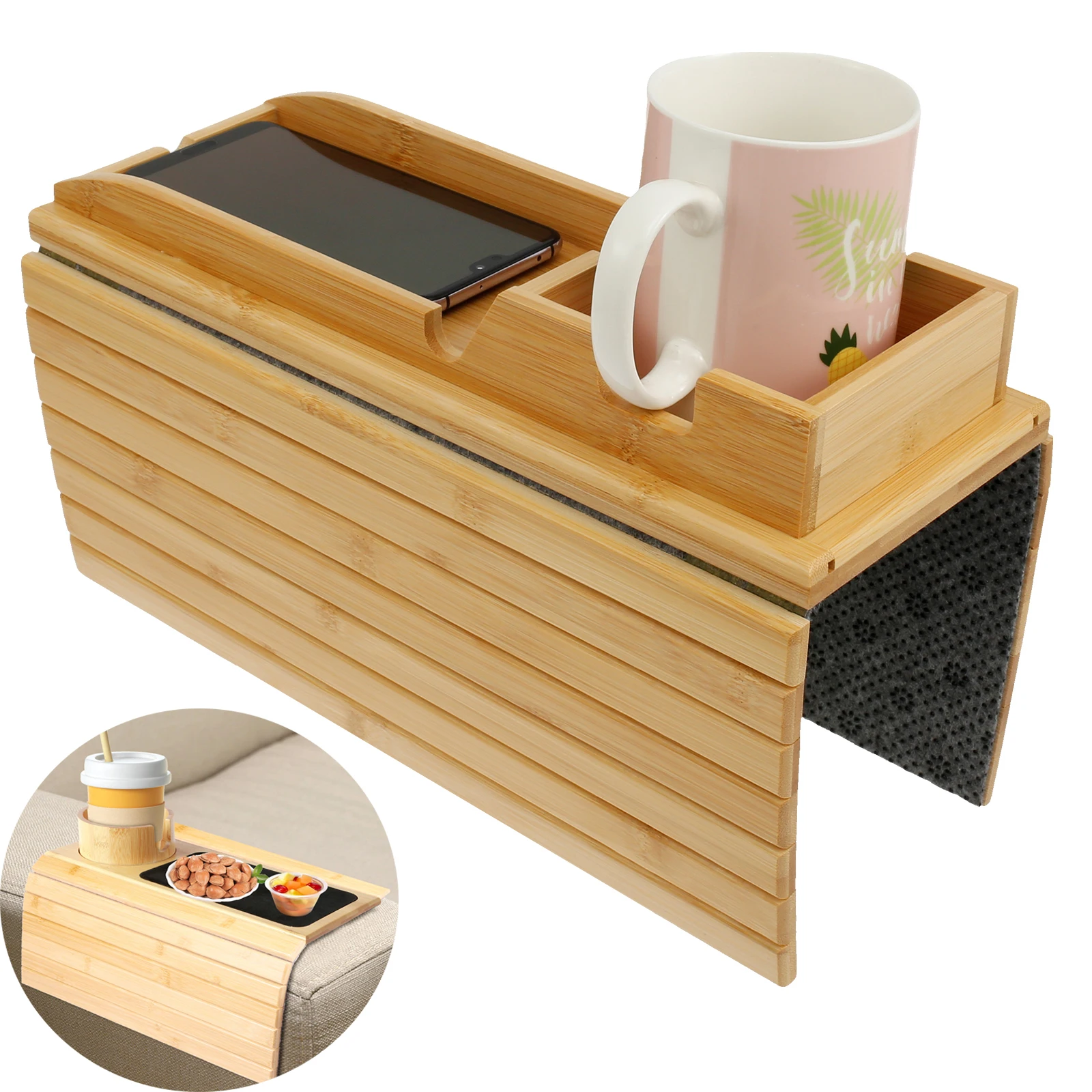 Portavasos para sofá, bandeja de reposabrazos de madera de bambú, portavasos plegable para sofá, portavasos antideslizante para brazo, bandeja de almacenamiento lateral para sofá