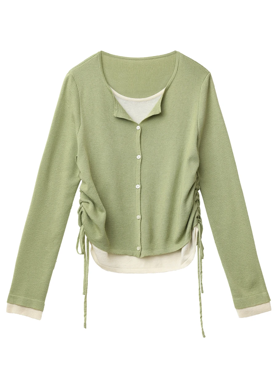 CHIC VEN-suéteres coreanos para mujer, Jersey ajustado con diseño, Top femenino con cuello redondo y cordón en la cintura, jerséis tejidos para primavera y verano 2025
