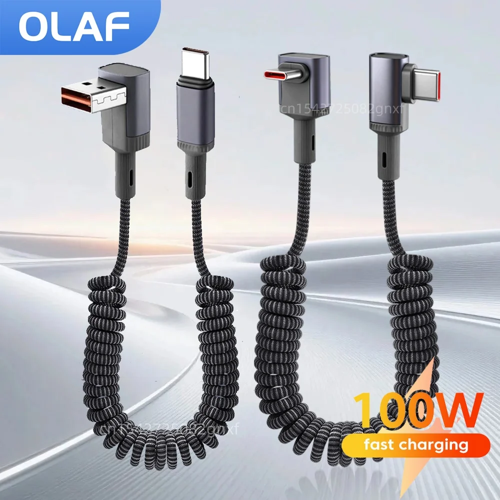 Cable USB Tipo C a Tipo C de 100W para Auto, con Resorte, 90 Grados °   Cable de Carga Rápida USB C con Conector en Ángulo para iPhone 17, 16, 15, Teléfono, Tableta, Portátil