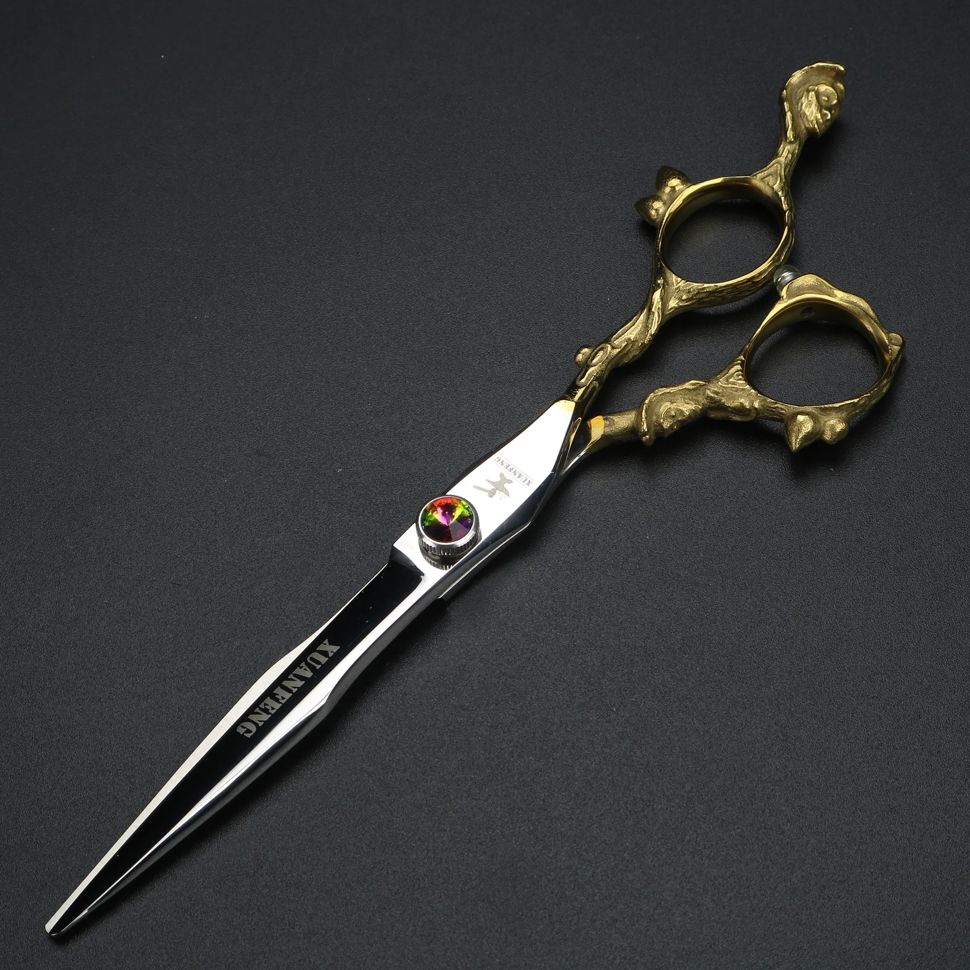 Tijeras de pelo de mono dorado de 7 pulgadas, corte de acero 440C japonés, tornillos de diamante de Color