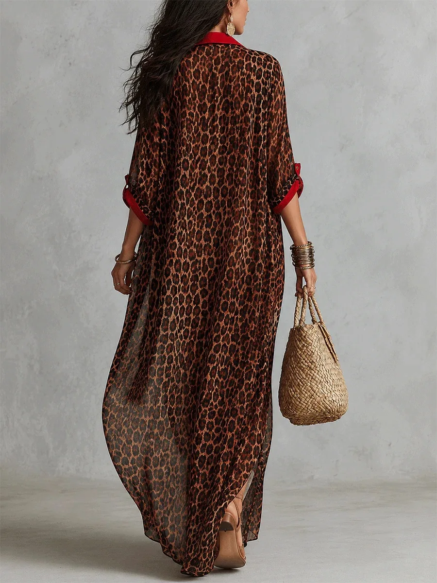 Vestido Camisero con Estampado de Leopardo para Mujer, con Ribete Rojo, Cuello Solapa, Botones Laterales, Abertura Lateral, Estilo Kaftán, Holgado, para Playa, Vacaciones, Casual, Largo