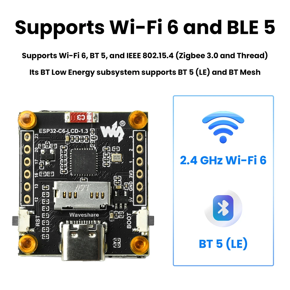 Placa de Desarrollo ESP32-C6 con Wi-Fi y Bluetooth, Módulo de Desarrollo con Pantalla Digital LCD de 1.3 Pulgadas, Circuito Integrado de Controlador ST7789, Puerto Tipo-C