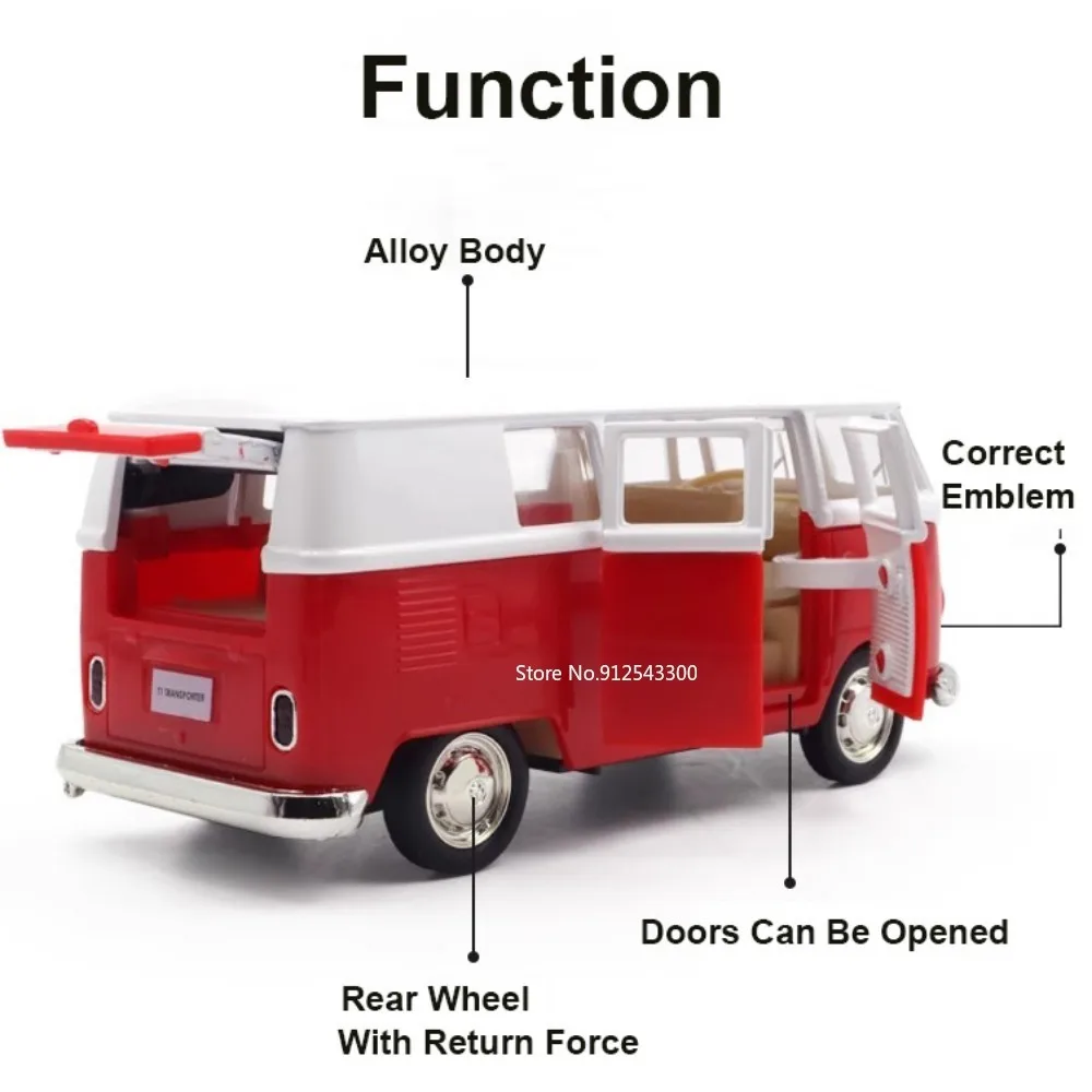 1:36 Volkswagen VW T1 autobús coche de juguete modelo aleación Diecast con puertas extraíbles modelos de furgoneta abierta los mejores regalos para niños juguete