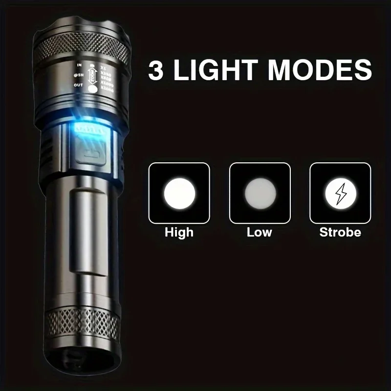 Linterna con Zoom telescópico, Luz LED de alta potencia recargable por USB, linterna táctica portátil para exteriores, luz fuerte
