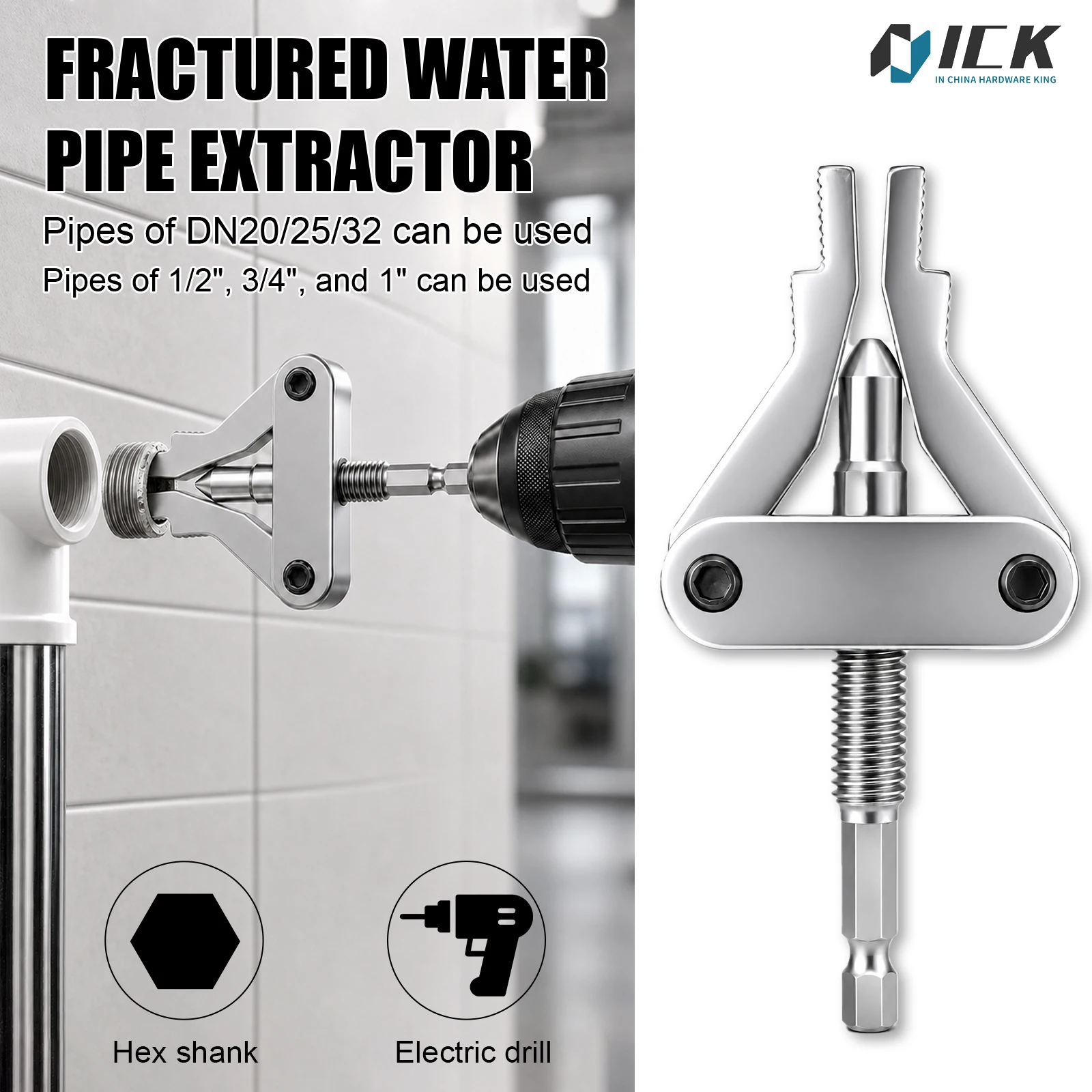 Extractor de Tuberías, Herramienta para Extraer Roscas Rotos, con Vástago Hexagonal para Taladro Eléctrico, para Tuberías de PPR, PVC, Plástico y MPP, DN20/25/32, 1/2″, 3/4″, 1″ Pulgada