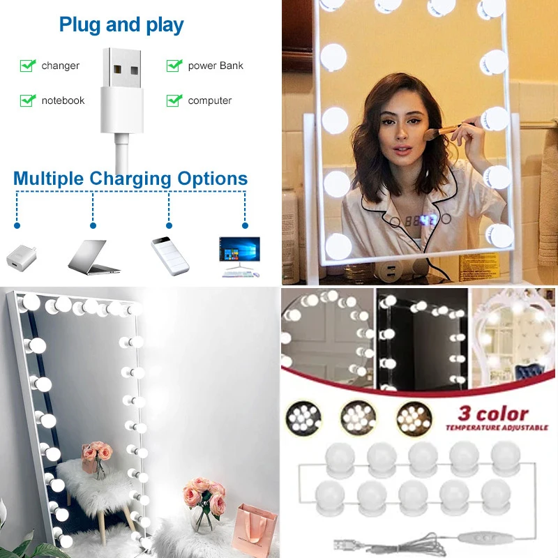 Bombillas LED para espejo de maquillaje, luces de tocador con carga USB, iluminación para tocador de baño, luz LED regulable para espejo de tocador