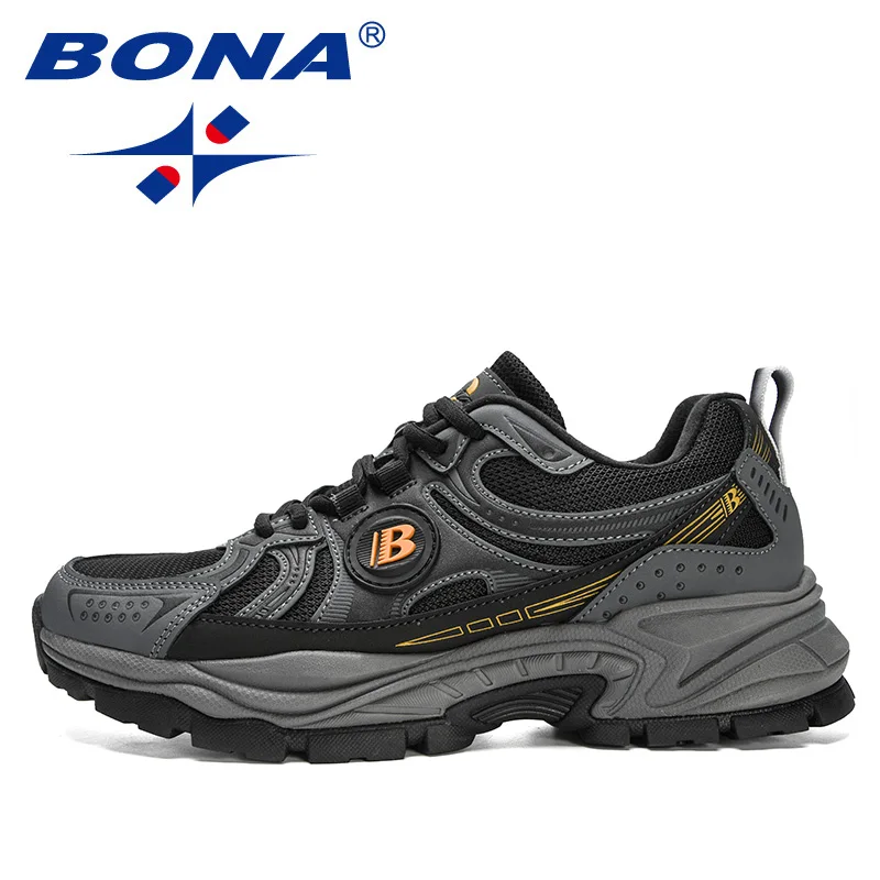 BONA, nuevos diseñadores, zapatos para correr de malla de cuero de acción, zapatos transpirables para correr para hombre, zapatillas deportivas para caminar, zapatillas deportivas
