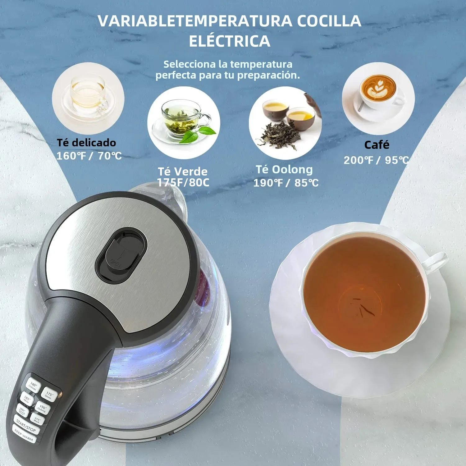 DEVISIB Hervidor eléctrico de vidrio, ebullición rápida de 2200 W, control de temperatura, mantener caliente las 4 horas, tetera de 2,0 L y caldera de agua caliente