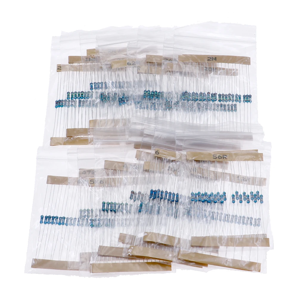 2600 Uds 130 valores 1/4W 0,25W 1% resistencias de película metálica Kit surtido de resistencias paquete de muestra con bolsas de PE cada 20 piezas