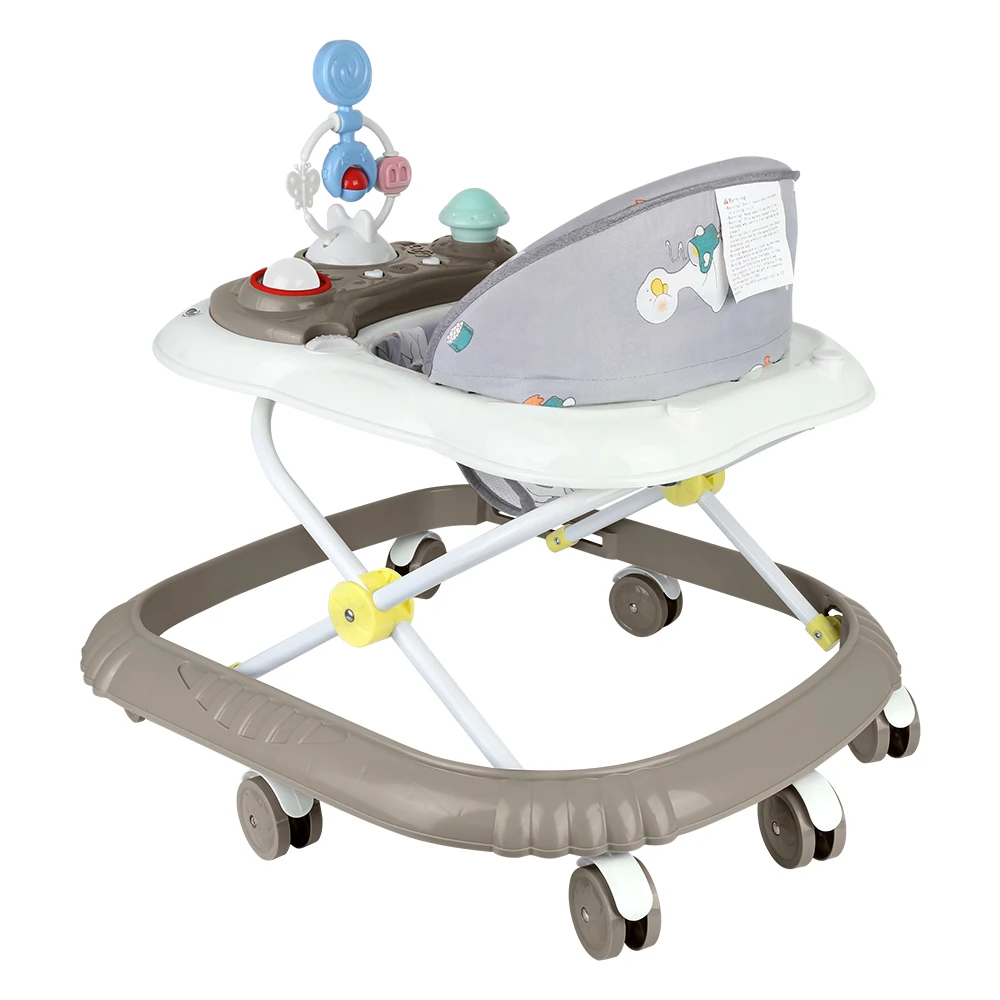 Andador Plegable para Bebés, con Centro de Actividades, Altura Ajustable, Cojín de Asiento Extraíble, a partir de 6 Meses, Gris/Caqui/Negro