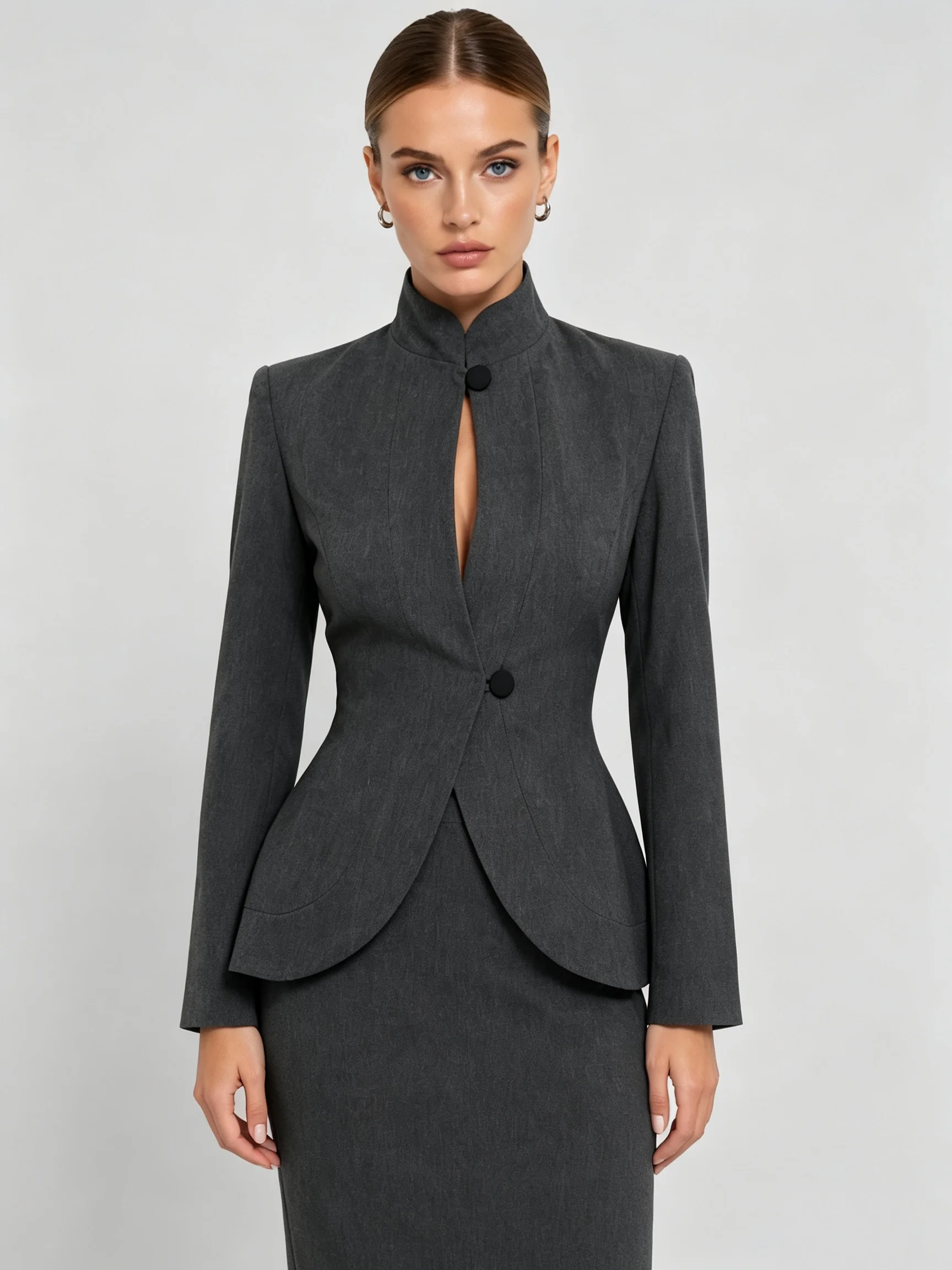 Blazer LIMO con Cuello Mao, Dos Botones, Cintura Ajustada, Dobladillo Curvo, Manga Larga, Corte Entallado, Elegante, para Oficina, Traje de Mujer