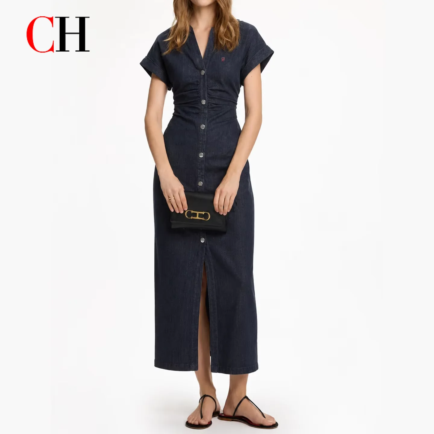 Vestido Midi de Mezclilla de Color Sólido con Letras CH Bordadas, Manga Corta, Cuello Solapa, Cintura Fruncida, Estilo Casual Elegante para Oficina