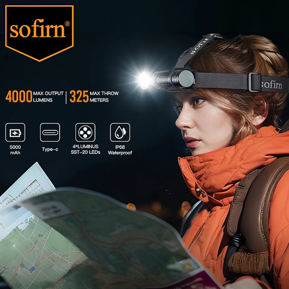 SOFIRN HS41 Linterna frontal 4000lm 21700 USB C recargable con indicador de antorcha LED SST20 con linterna trasera magnética