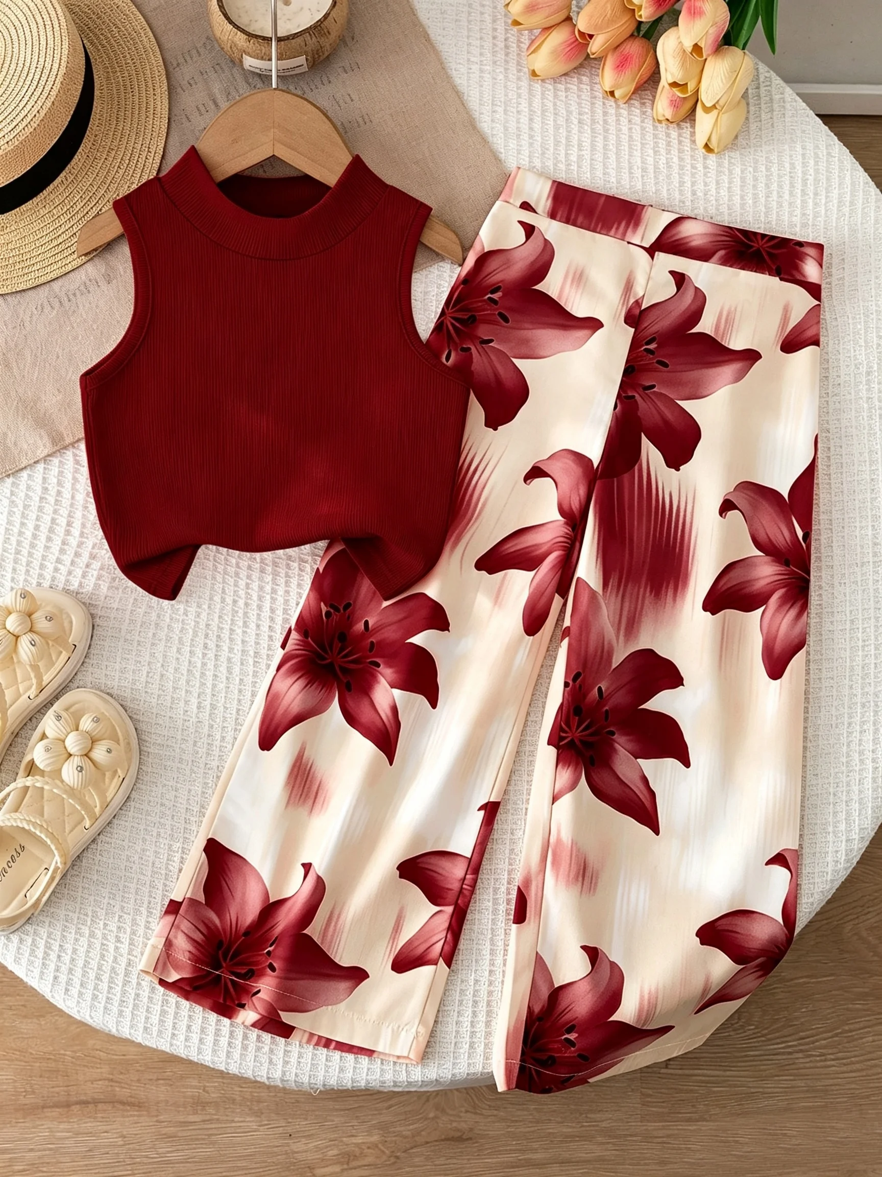 Conjunto de dos piezas estilo vacacional naranja para niñas: top corto sin mangas con cuello simulado, de color liso y textura acanalada, combinado con pantalón fluido con estampado de lirios.
