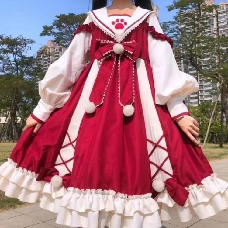 Vestido De talla grande azul De Lolita para Mujer, Vestidos De manga larga con lazo y cuello marinero, novedad De primavera 2025, Vestidos De Mujer De manga larga