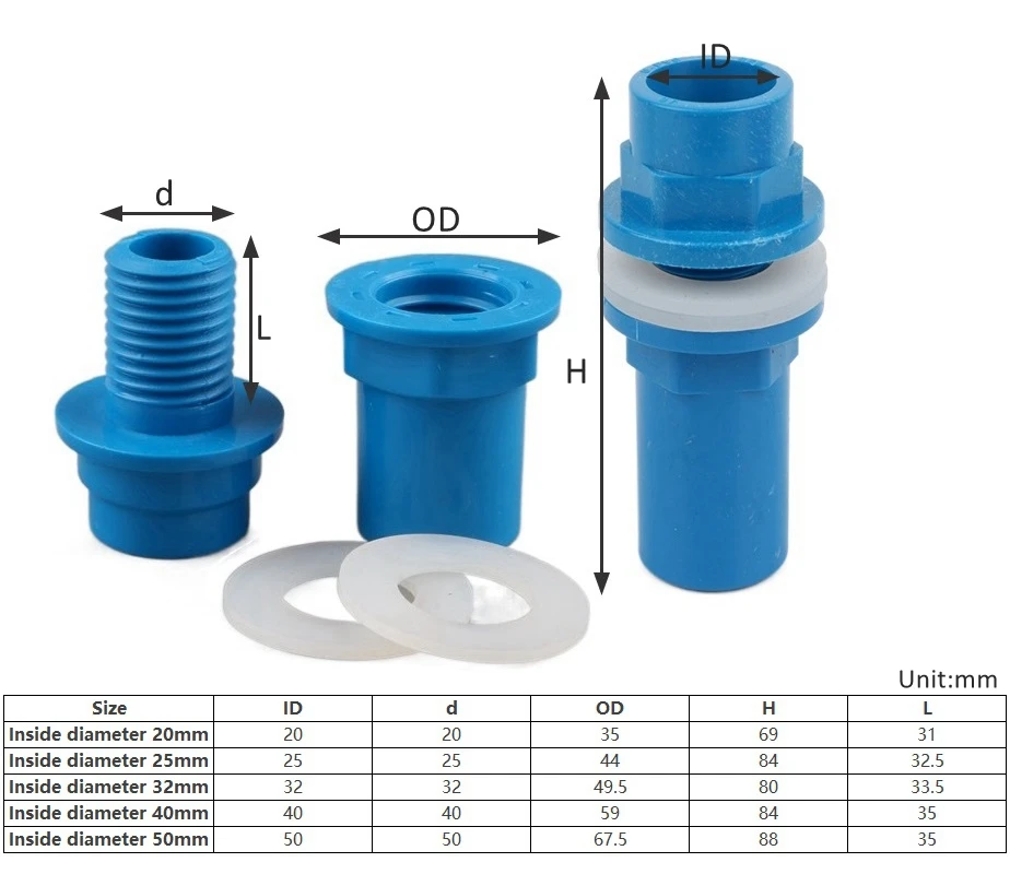 Conector de tanque de agua de PVC, accesorios de tubería de agua para acuario, tubo de riego de jardín, ID 20/25/32/40/50mm, 1 ud.