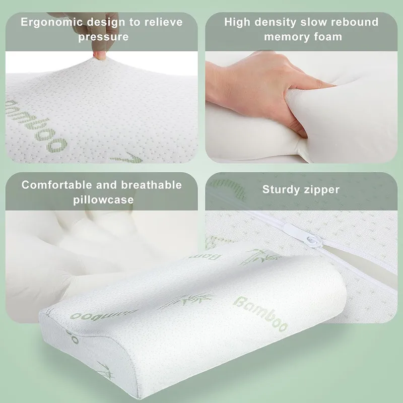 Almohada de bambú, almohada de espuma viscoelástica con funda extraíble con cremallera, almohada de bambú para el cuello para dormir, diseño ergonómico JAF022
