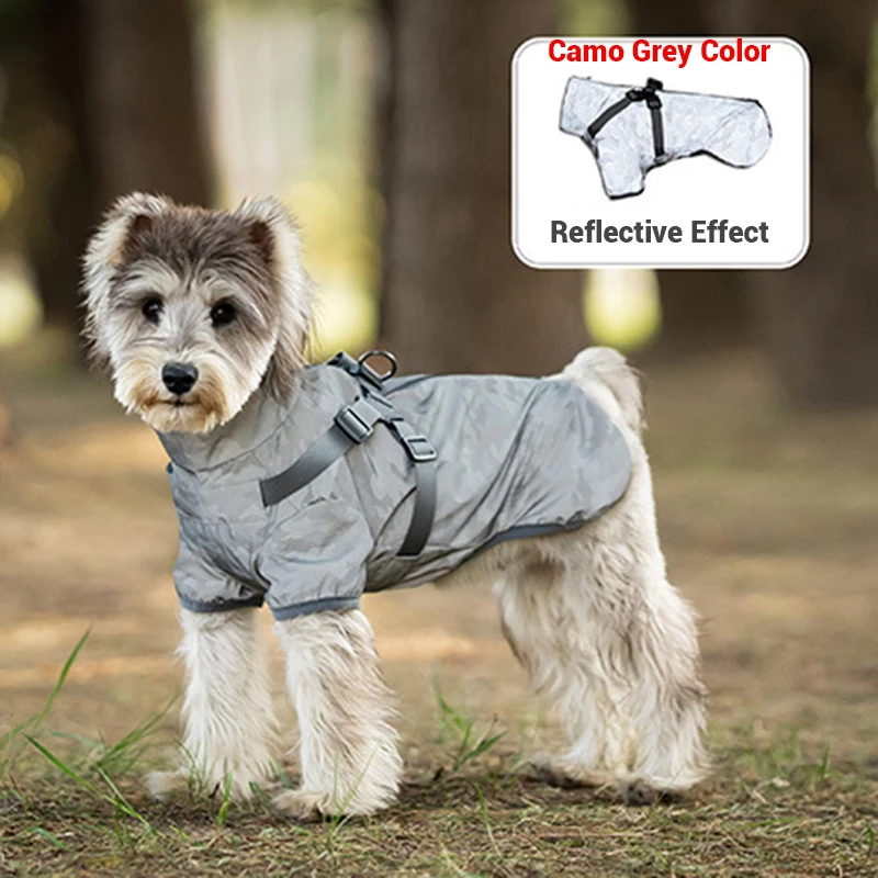 Chaqueta impermeable para la lluvia para perros con arnés, impermeable reflectante de seguridad para perros pequeños, chaquetas al aire libre para mascotas para acampar en la jungla