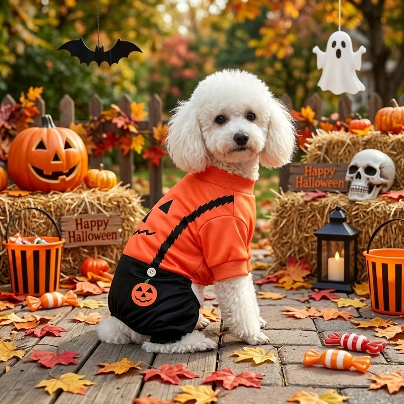 Pijama de Halloween para Perro, Disfraz de Calabaza Jack-O'-Lantern, Mono de 4 Patas para Cachorros, Ropa Festiva para Perros y Gatos Pequeños y Medianos