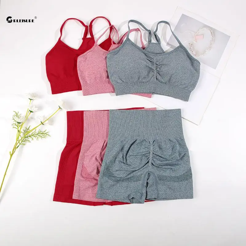 CHRLEISURE-Conjunto deportivo sin costuras para mujer, traje de Yoga de 2 uds, sujetador de Fitness con pantalones cortos de ciclismo, traje de entrenamiento elástico para gimnasio, ropa deportiva