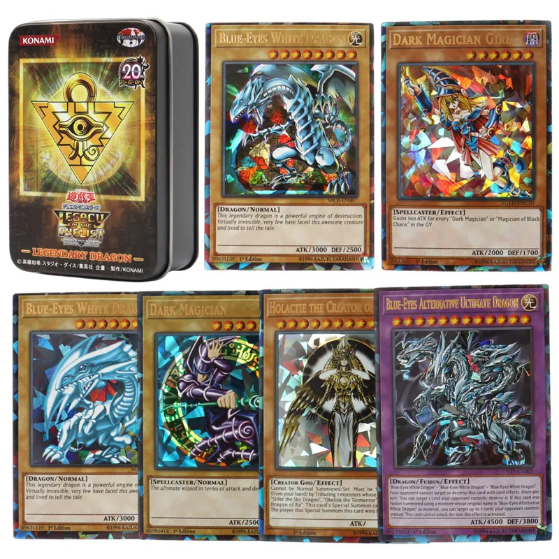 72 Uds. Tarjetas Yugioh con caja de hojalata Yu Gi Oh tarjeta holográfica versión en inglés letra dorada duelo enlaces tarjeta de juego ojos azules Exodia
