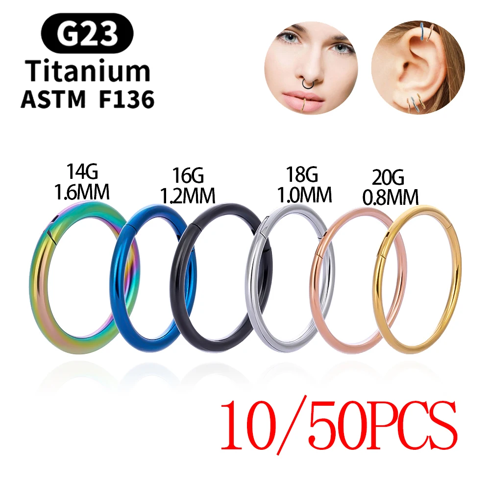 10/50PCS al por mayor, Aros redondos de titanio G23 para piercing, Anillos para la nariz, Clicker para septum, Joyería corporal para mujer, para cartílago de la oreja y tragus