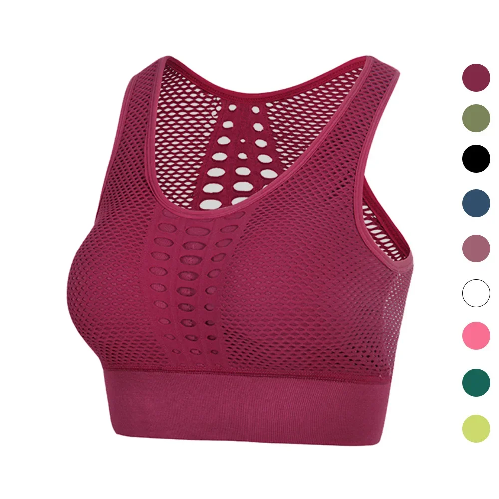 Sujetadores deportivos de malla sin costuras para mujer, ropa interior para Fitness, gimnasio, correr, sujetador a prueba de golpes, Top corto inalámbrico, sujetadores de Yoga transpirables de Color sólido