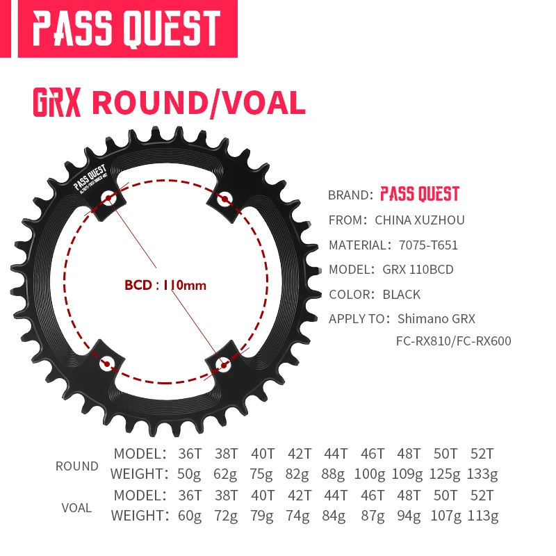 PASS QUEST 110BCD Plato 4-Bolt GRX Round/Oval 36T-52T Rueda de cadena para bielas SHIMANO GRX FC-RX810/FC-RX600