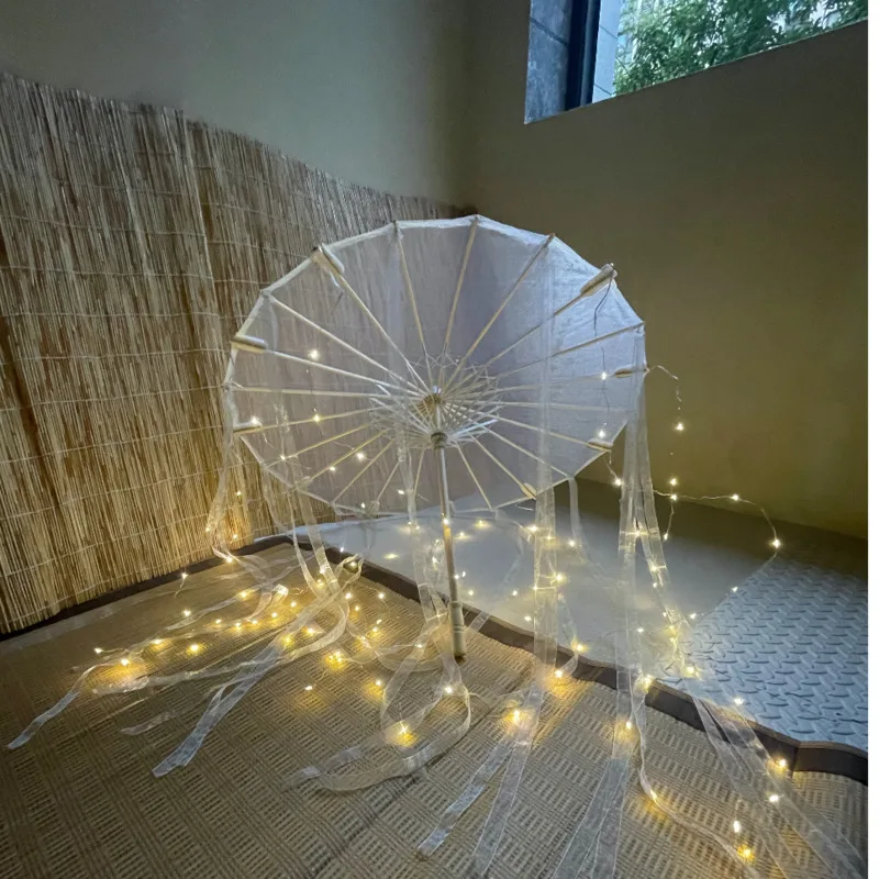 Paraguas LED chino japonés de hilo de papel engrasado, tela de seda, disfraz, paraguas de princesa antigua, paraguas artesanal blanco para Drama, Cosplay