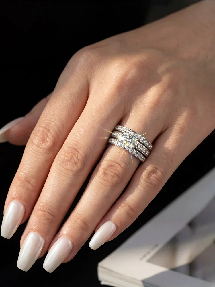 Conjunto de anillos de diamantes Moissanite auténticos brillantes de 2CT para mujer, regalo de plata de ley 925 auténtica, gran oferta, joyería fina para boda