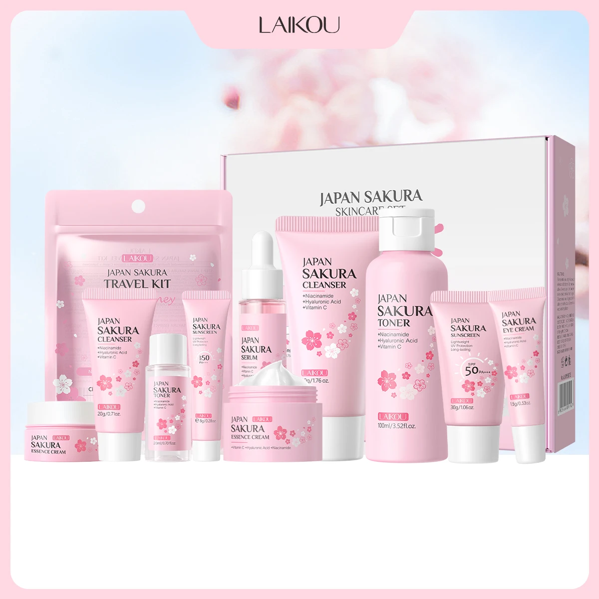 Set Completo de Cuidado Facial LAIKOU Japan Sakura: Limpiador, Tónico, Sérum, Crema, Crema para Ojos, Protector Solar, Kit de Viaje